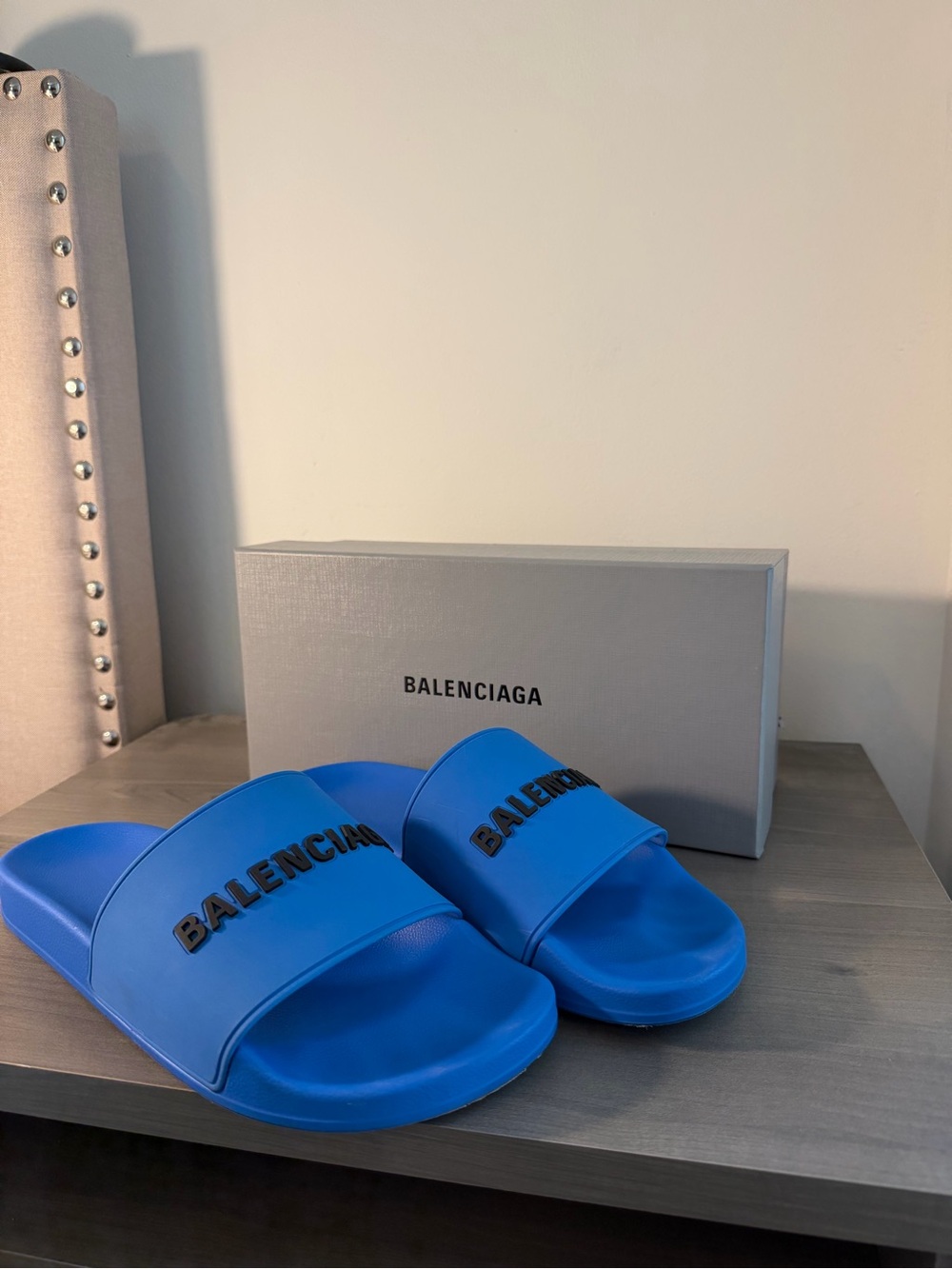 Balenciaga Vibrant Blue Logo Slide Sandals